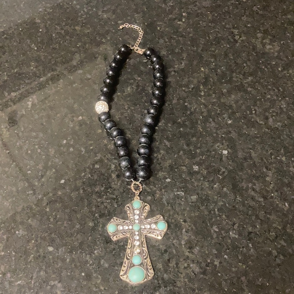 Western Silver Turquoise Cross Black Beaded Chain With Crystal Bead